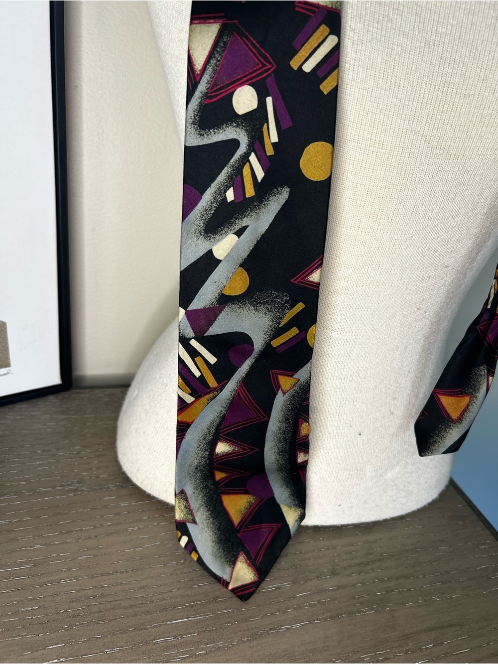 Oscar de la Renta Men's Black Geometric Print Tie with Purple and Gold Accents